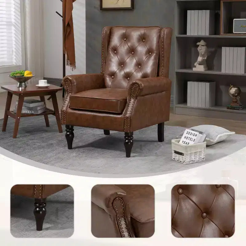 Fauteuil MAYEERTY en bois, pieds en bois robustes, salon chambre, PU noir