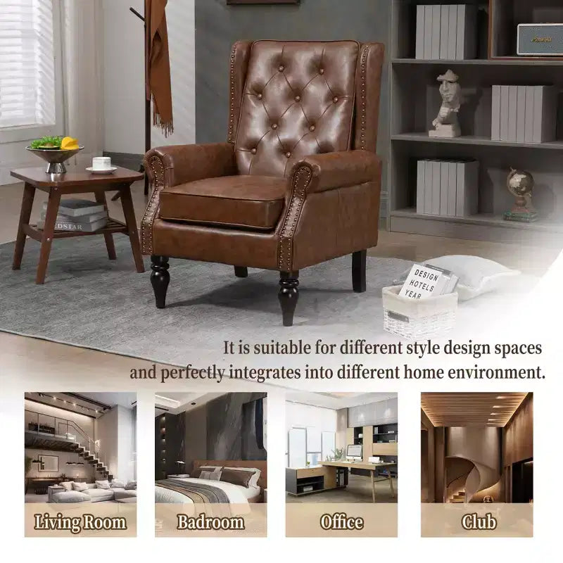 Fauteuil MAYEERTY en bois, pieds en bois robustes, salon chambre, PU noir
