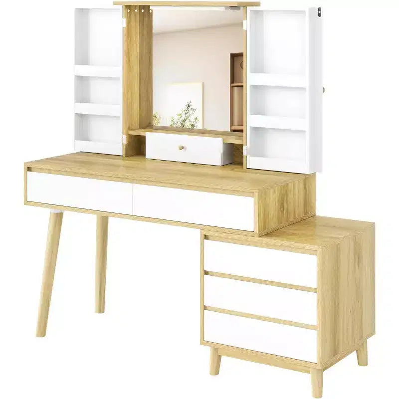 Acekool Vanity Desk with Mirror, 6 Drawers, Storage Cabinet and Stool, Modern White & Oak for Bedroom