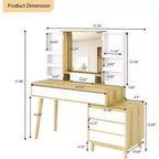 Coiffeuse Acekool avec miroir, 6 tiroirs, armoire de rangement et tabouret, moderne blanche et chêne pour chambre à coucher