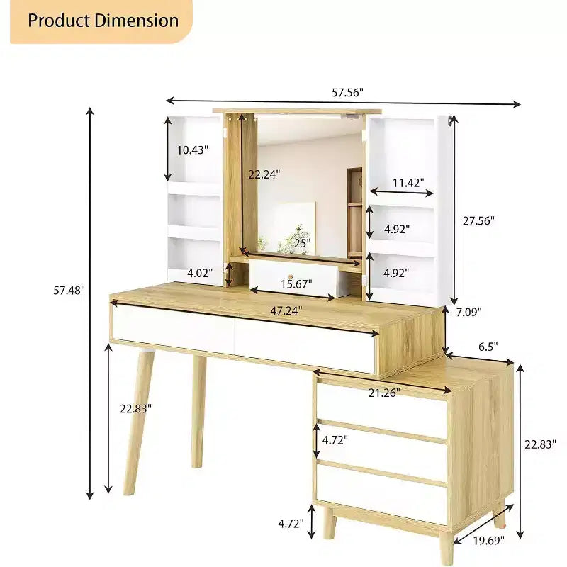 Coiffeuse Acekool avec miroir, 6 tiroirs, armoire de rangement et tabouret, moderne blanche et chêne pour chambre à coucher