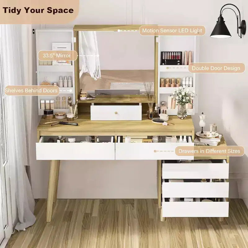 Coiffeuse Acekool avec miroir, 6 tiroirs, armoire de rangement et tabouret, moderne blanche et chêne pour chambre à coucher