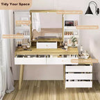Coiffeuse Acekool avec miroir, 6 tiroirs, armoire de rangement et tabouret, moderne blanche et chêne pour chambre à coucher