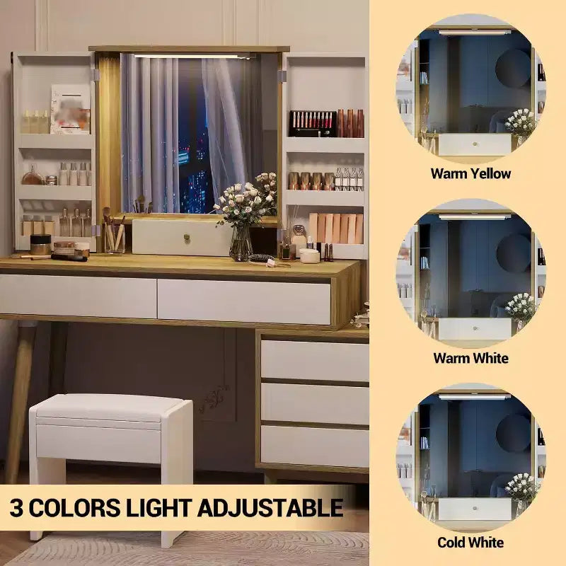 Coiffeuse Acekool avec miroir, 6 tiroirs, armoire de rangement et tabouret, moderne blanche et chêne pour chambre à coucher