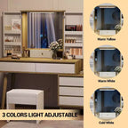 Coiffeuse Acekool avec miroir, 6 tiroirs, armoire de rangement et tabouret, moderne blanche et chêne pour chambre à coucher