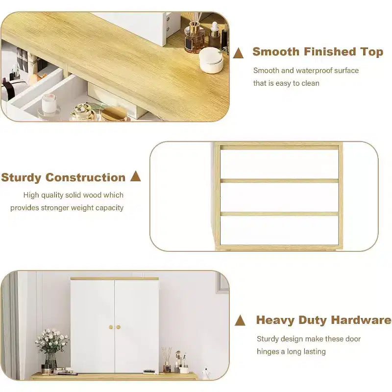 Coiffeuse Acekool avec miroir, 6 tiroirs, armoire de rangement et tabouret, moderne blanche et chêne pour chambre à coucher