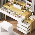 Coiffeuse Acekool avec miroir, 6 tiroirs, armoire de rangement et tabouret, moderne blanche et chêne pour chambre à coucher