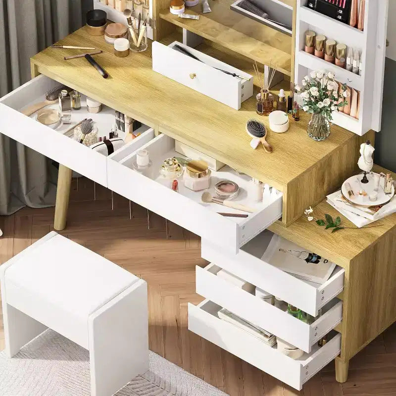 Coiffeuse Acekool avec miroir, 6 tiroirs, armoire de rangement et tabouret, moderne blanche et chêne pour chambre à coucher