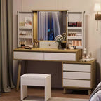 Coiffeuse Acekool avec miroir, 6 tiroirs, armoire de rangement et tabouret, moderne blanche et chêne pour chambre à coucher