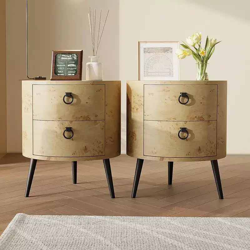 Table d'appoint ronde avec tiroirs, table de chevet moderne avec rangement, table d'appoint en bois, table de chevet ronde avec pieds en métal pour le salon