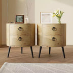 Table d'appoint ronde avec tiroirs, table de chevet moderne avec rangement, table d'appoint en bois, table de chevet ronde avec pieds en métal pour le salon