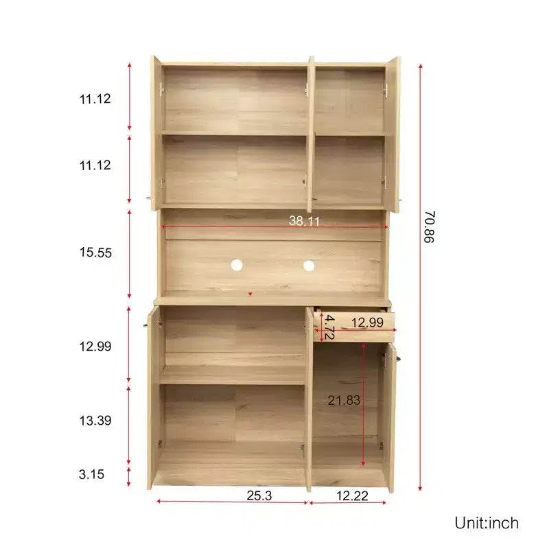 70,87 Meuble de rangement de cuisine autoportant avec 6 portes, tiroir, étagères ouvertes, buffet polyvalent, meuble de rangement pour loisirs créatifs