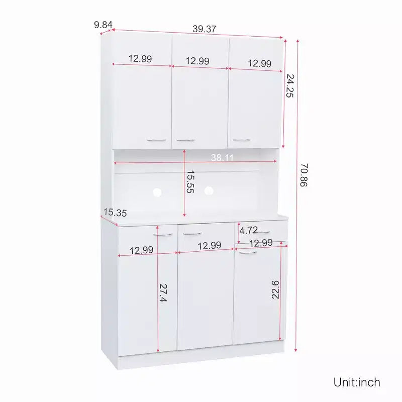 70,87 Meuble de rangement de cuisine autoportant avec 6 portes, tiroir, étagères ouvertes, buffet polyvalent, meuble de rangement pour loisirs créatifs