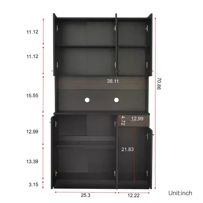 70,87 Meuble de rangement de cuisine autoportant avec 6 portes, tiroir, étagères ouvertes, buffet polyvalent, meuble de rangement pour loisirs créatifs