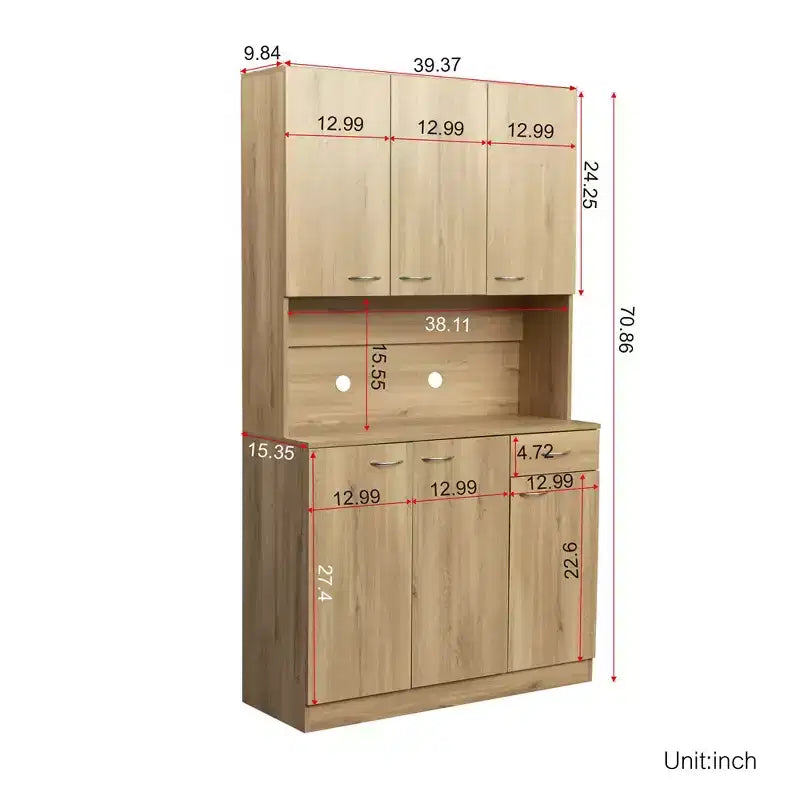 70,87 Meuble de rangement de cuisine autoportant avec 6 portes, tiroir, étagères ouvertes, buffet polyvalent, meuble de rangement pour loisirs créatifs