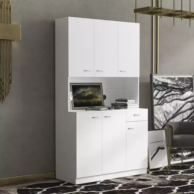 70,87 Meuble de rangement de cuisine autoportant avec 6 portes, tiroir, étagères ouvertes, buffet polyvalent, meuble de rangement pour loisirs créatifs