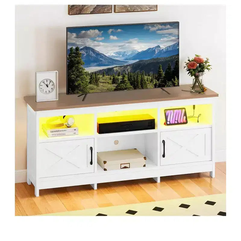 Farmhouse TV Stand for 65 Inch TVs, LED Entertainment Center with Cabinets, Power Outlet, Media Console for Living Room,White & Walnut