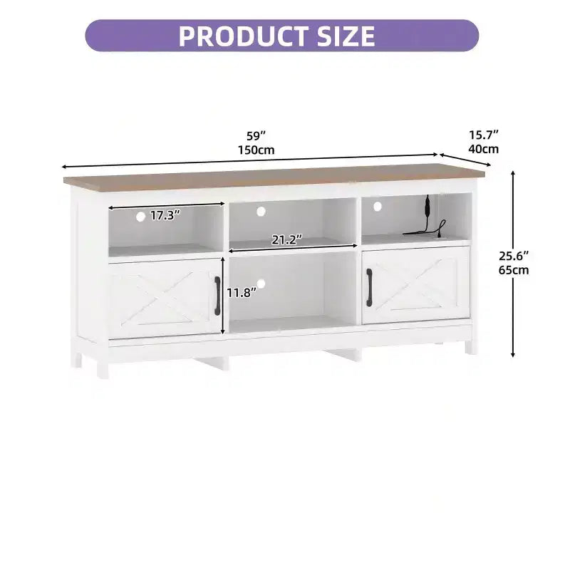 Meuble TV de ferme pour téléviseurs de 65 pouces, meuble de divertissement LED avec armoires, prise de courant, console multimédia pour salon, blanc et noyer