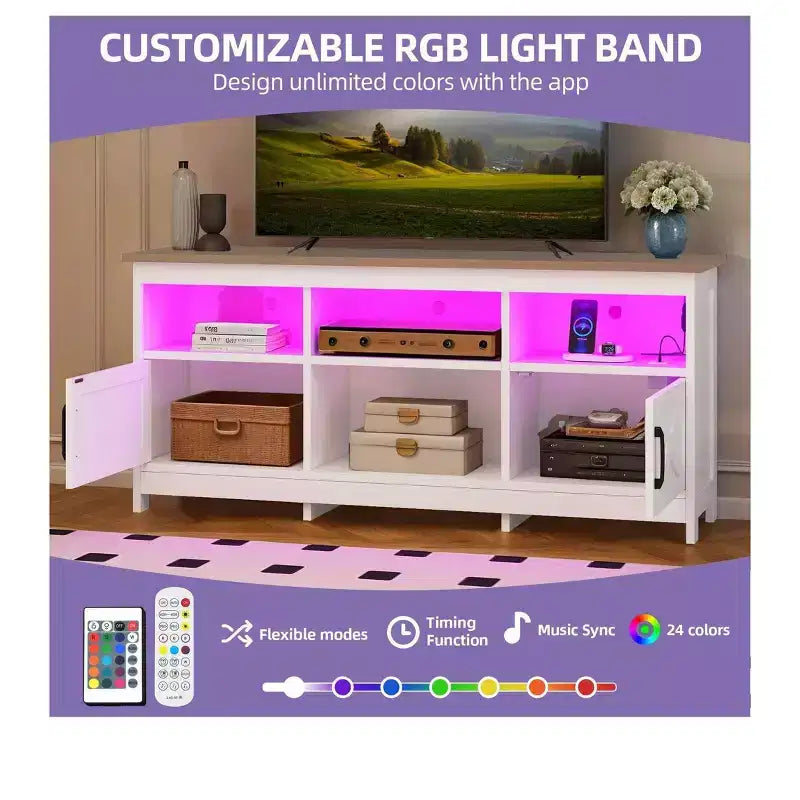Meuble TV de ferme pour téléviseurs de 65 pouces, meuble de divertissement LED avec armoires, prise de courant, console multimédia pour salon, blanc et noyer