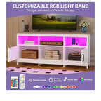 Meuble TV de ferme pour téléviseurs de 65 pouces, meuble de divertissement LED avec armoires, prise de courant, console multimédia pour salon, blanc et noyer