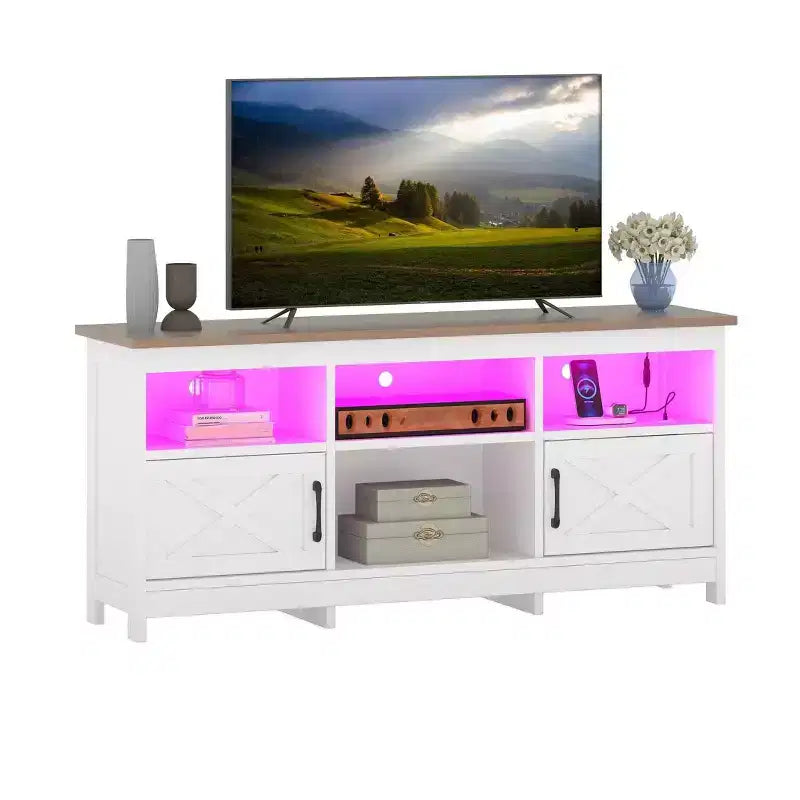 Meuble TV de ferme pour téléviseurs de 65 pouces, meuble de divertissement LED avec armoires, prise de courant, console multimédia pour salon, blanc et noyer