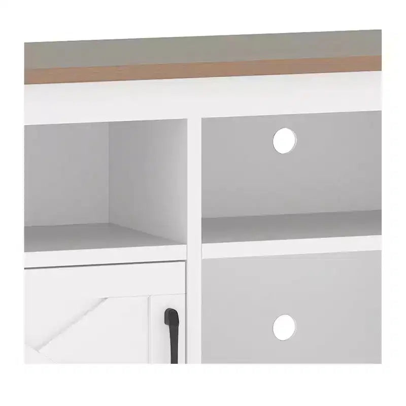 Meuble TV de ferme pour téléviseurs de 65 pouces, meuble de divertissement LED avec armoires, prise de courant, console multimédia pour salon, blanc et noyer