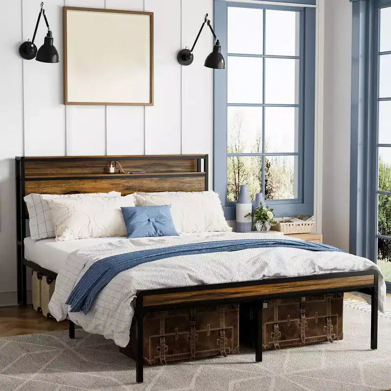 Cadre de lit Queen Size avec tête de lit, Cadre de lit plateforme en métal avec étagère de rangement, Support à lattes métalliques, Pas besoin de sommier tapissier, Silencieux