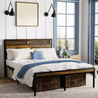 Cadre de lit Queen Size avec tête de lit, Cadre de lit plateforme en métal avec étagère de rangement, Support à lattes métalliques, Pas besoin de sommier tapissier, Silencieux