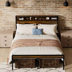 Cadre de lit Queen Size avec tête de lit, Cadre de lit plateforme en métal avec étagère de rangement, Support à lattes métalliques, Pas besoin de sommier tapissier, Silencieux