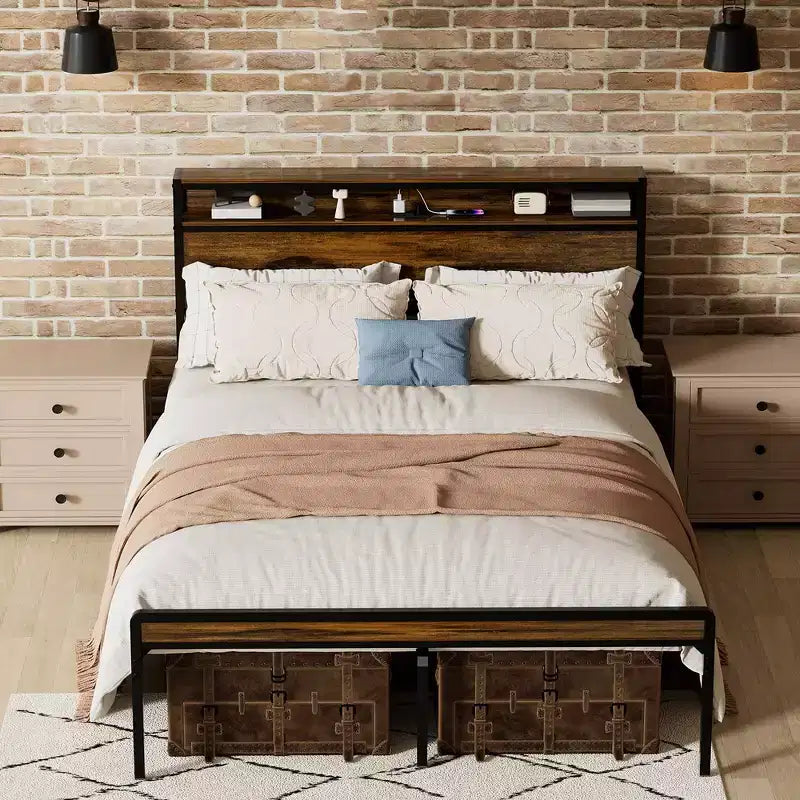 Cadre de lit Queen Size avec tête de lit, Cadre de lit plateforme en métal avec étagère de rangement, Support à lattes métalliques, Pas besoin de sommier tapissier, Silencieux