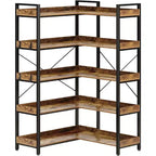 Étagère à 5 niveaux avec 4 crochets, bibliothèque d'angle réversible, bibliothèque industrielle en bois de 165 cm avec étagères ouvertes et cadre en métal pour le salon