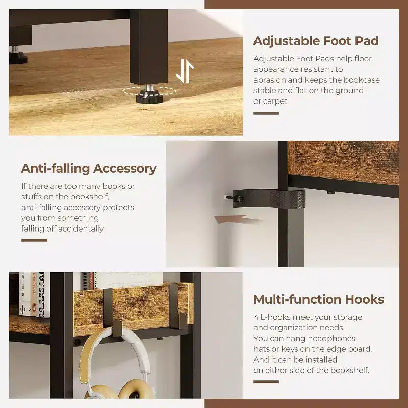 Étagère à 5 niveaux avec 4 crochets, bibliothèque d'angle réversible, bibliothèque industrielle en bois de 165 cm avec étagères ouvertes et cadre en métal pour le salon