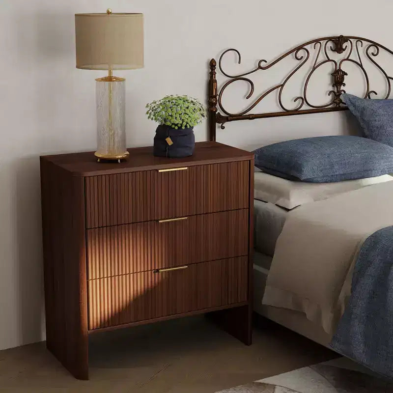 Meuble bas en bois AEELLEEA avec 3 tiroirs motif ondulé coiffeuse de chevet moderne pour chambre à coucher 78CM de long couleur noyer