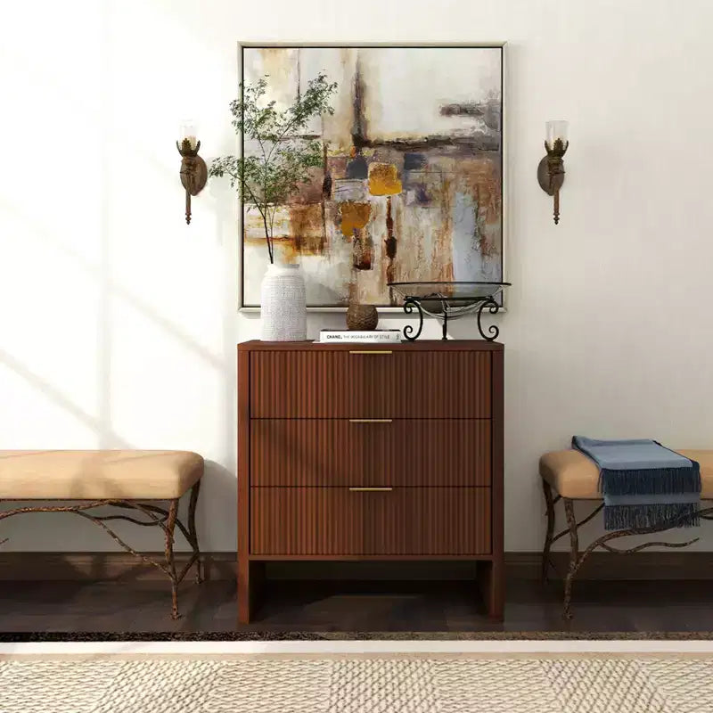 Meuble bas en bois AEELLEEA avec 3 tiroirs motif ondulé coiffeuse de chevet moderne pour chambre à coucher 78CM de long couleur noyer