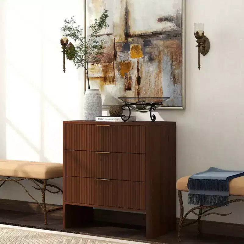 Meuble bas en bois AEELLEEA avec 3 tiroirs motif ondulé coiffeuse de chevet moderne pour chambre à coucher 78CM de long couleur noyer