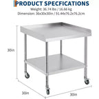 Table de travail et de préparation en acier commercial, table de préparation robuste avec dosseret 3 côtés, table de travail de préparation alimentaire robuste avec roulettes pour hôtel, maison, restaurant