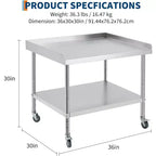 Table de travail et de préparation en acier commercial, table de préparation robuste avec dosseret 3 côtés, table de travail de préparation alimentaire robuste avec roulettes pour hôtel, maison, restaurant