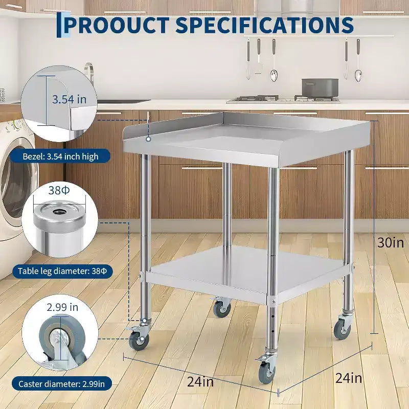 Table de travail et de préparation en acier commercial, table de préparation robuste avec dosseret 3 côtés, table de travail de préparation alimentaire robuste avec roulettes pour hôtel, maison, restaurant