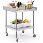 Commercial Steel Work & Prep Table, 3-Sided Backsplash Heavy Duty Prep Worktable, Casters Heavy Duty Food Prep Worktable for Hotel, Home, Restaurant