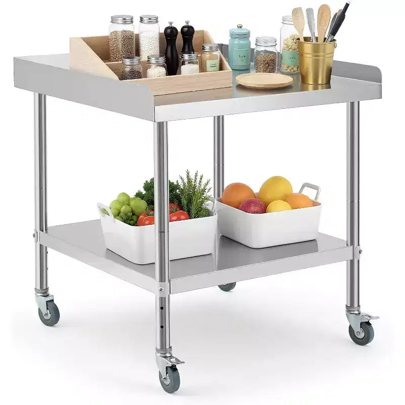Table de travail et de préparation en acier commercial, table de préparation robuste avec dosseret 3 côtés, table de travail de préparation alimentaire robuste avec roulettes pour hôtel, maison, restaurant