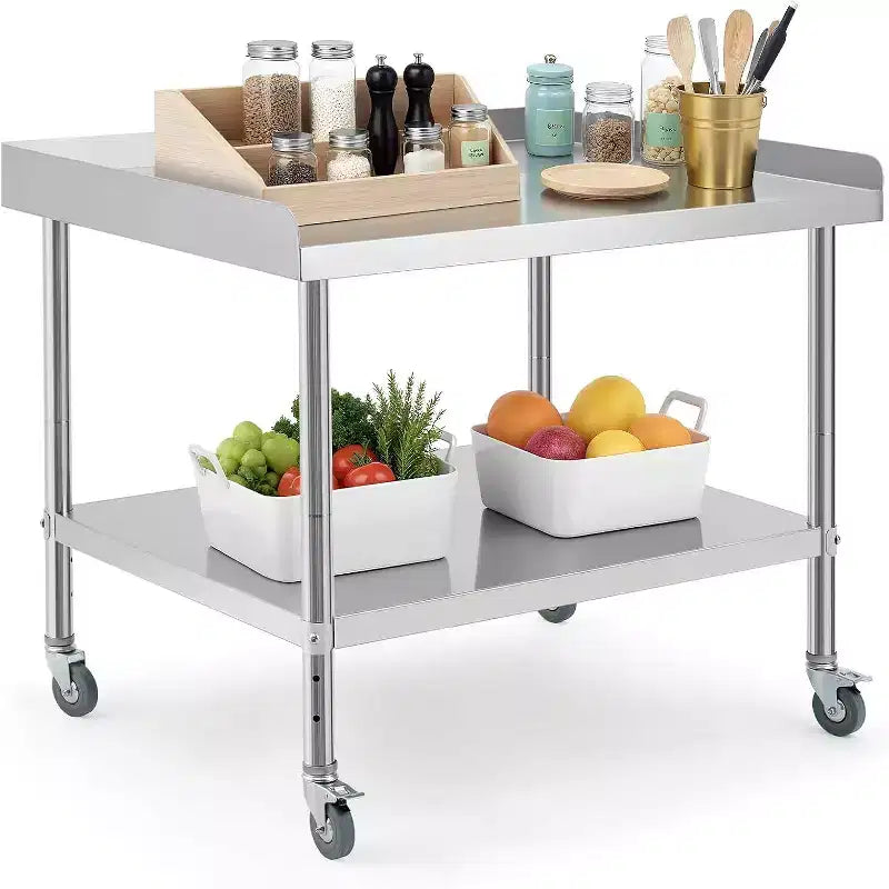 Table de travail et de préparation en acier commercial, table de préparation robuste avec dosseret 3 côtés, table de travail de préparation alimentaire robuste avec roulettes pour hôtel, maison, restaurant