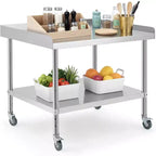 Table de travail et de préparation en acier commercial, table de préparation robuste avec dosseret 3 côtés, table de travail de préparation alimentaire robuste avec roulettes pour hôtel, maison, restaurant