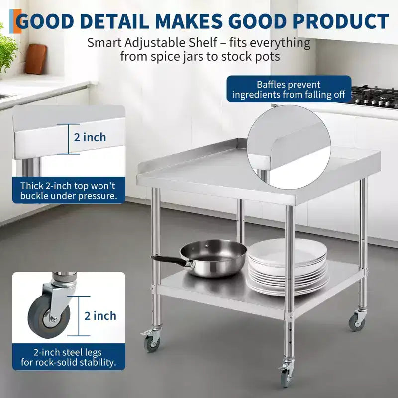Table de travail et de préparation en acier commercial, table de préparation robuste avec dosseret 3 côtés, table de travail de préparation alimentaire robuste avec roulettes pour hôtel, maison, restaurant