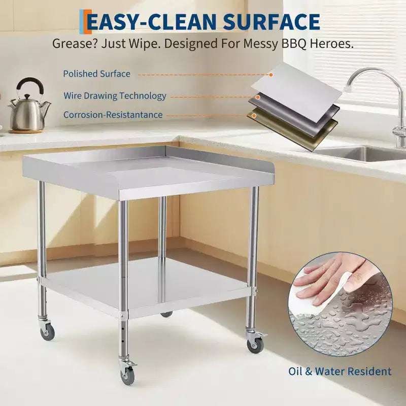 Table de travail et de préparation en acier commercial, table de préparation robuste avec dosseret 3 côtés, table de travail de préparation alimentaire robuste avec roulettes pour hôtel, maison, restaurant