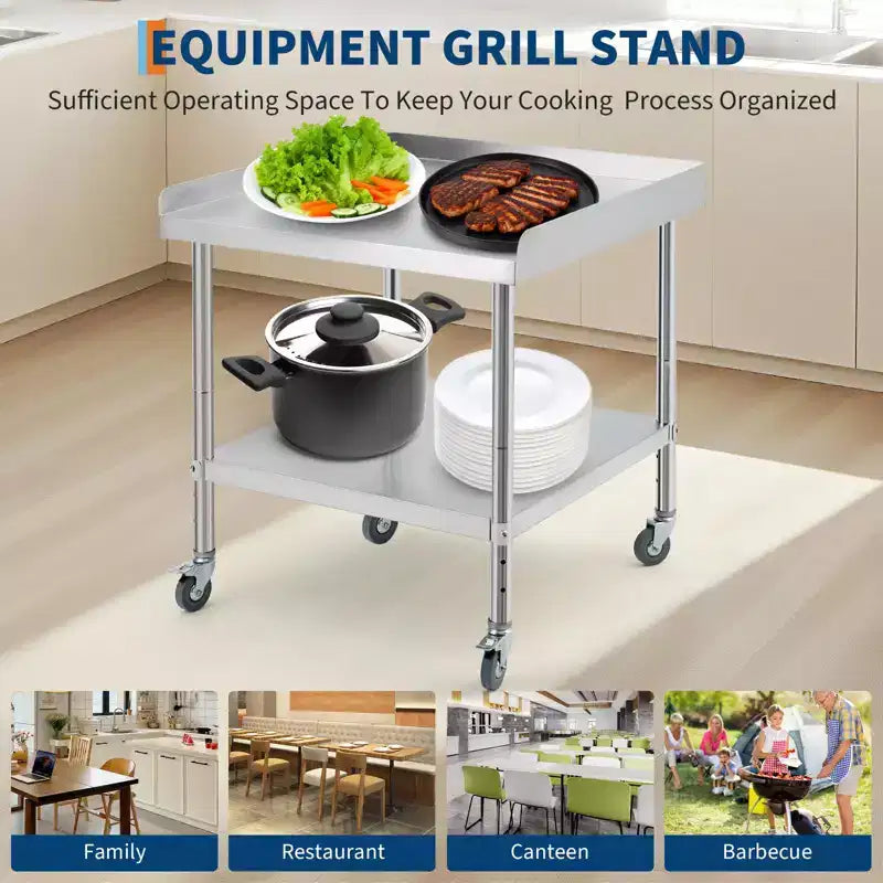 Table de travail et de préparation en acier commercial, table de préparation robuste avec dosseret 3 côtés, table de travail de préparation alimentaire robuste avec roulettes pour hôtel, maison, restaurant