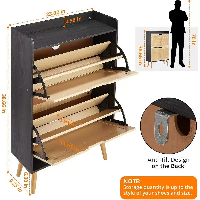 Meuble à Chaussures 2 Niveaux en Rotin Tressé, Profondeur Étroite de 23,5 cm avec Tiroirs Basculants & Dispositif Anti-Basculement, Contient 12 à 18 Paires