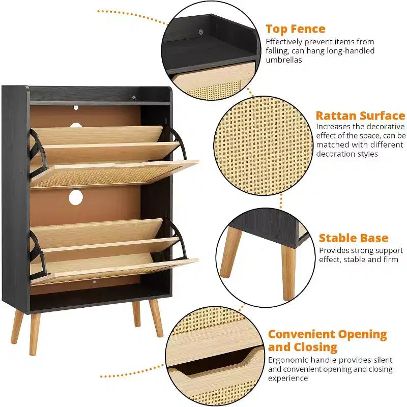 Meuble à Chaussures 2 Niveaux en Rotin Tressé, Profondeur Étroite de 23,5 cm avec Tiroirs Basculants & Dispositif Anti-Basculement, Contient 12 à 18 Paires