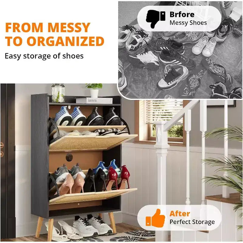 Meuble à Chaussures 2 Niveaux en Rotin Tressé, Profondeur Étroite de 23,5 cm avec Tiroirs Basculants & Dispositif Anti-Basculement, Contient 12 à 18 Paires