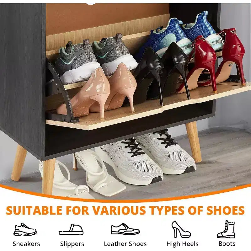 Meuble à Chaussures 2 Niveaux en Rotin Tressé, Profondeur Étroite de 23,5 cm avec Tiroirs Basculants & Dispositif Anti-Basculement, Contient 12 à 18 Paires
