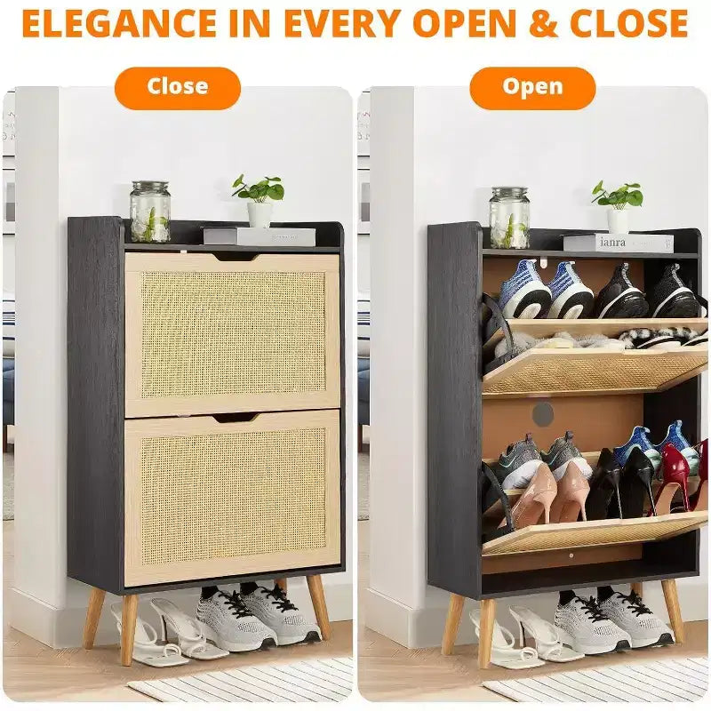 Meuble à Chaussures 2 Niveaux en Rotin Tressé, Profondeur Étroite de 23,5 cm avec Tiroirs Basculants & Dispositif Anti-Basculement, Contient 12 à 18 Paires